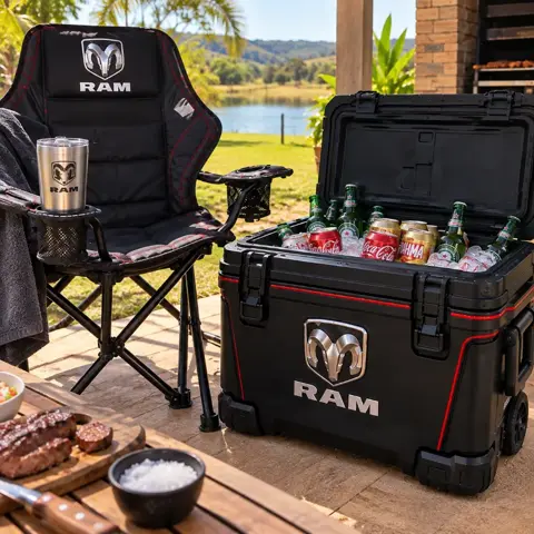 Cadeira, cooler aberto e copo RAM na área de churrasco