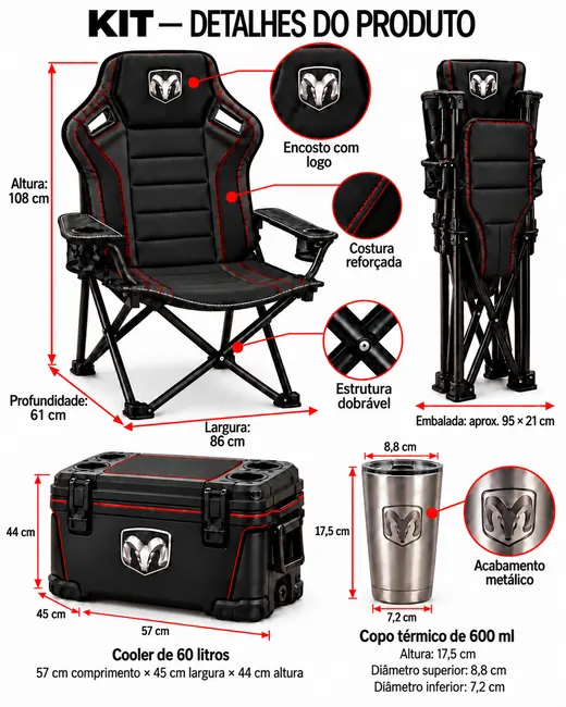 Detalhes do Kit PitStop Premium com as medidas da cadeira dobrável, do cooler de 60 litros e do copo térmico de 600 ml