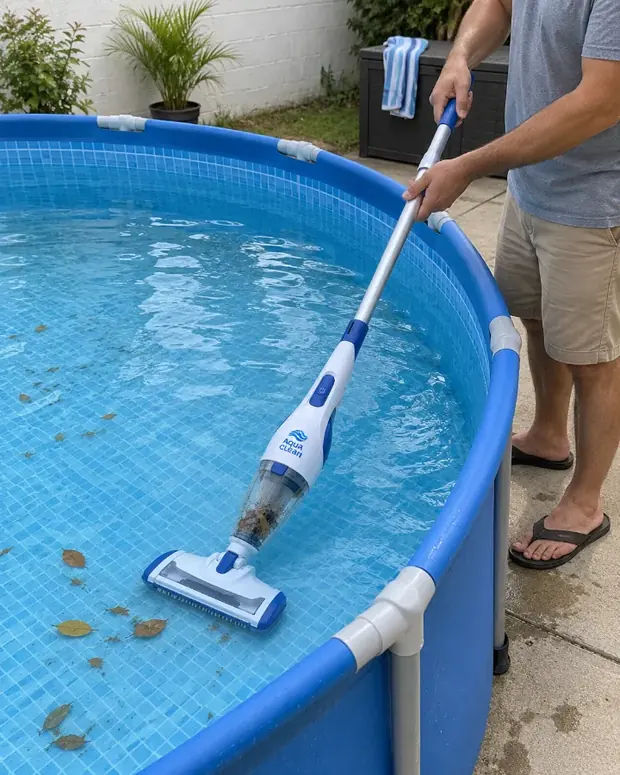 Pessoa usa o aspirador de piscina AquaClean ao lado de uma piscina desmontável