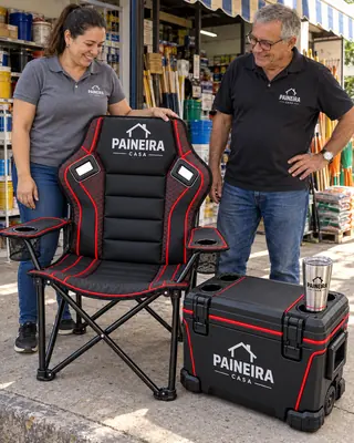Kit com cadeira, cooler e copo térmico personalizados para uma loja de materiais, montado na porta da loja