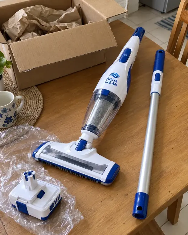 Aspirador AquaClean desmontado sobre uma mesa com haste, bateria e caixa