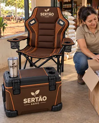 Kit com cadeira, cooler e copo térmico personalizados para uma agropecuária, ao lado da caixa aberta