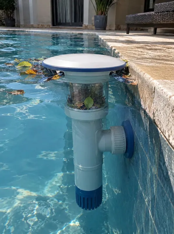 CleanWater instalado na borda da piscina recolhendo folhas