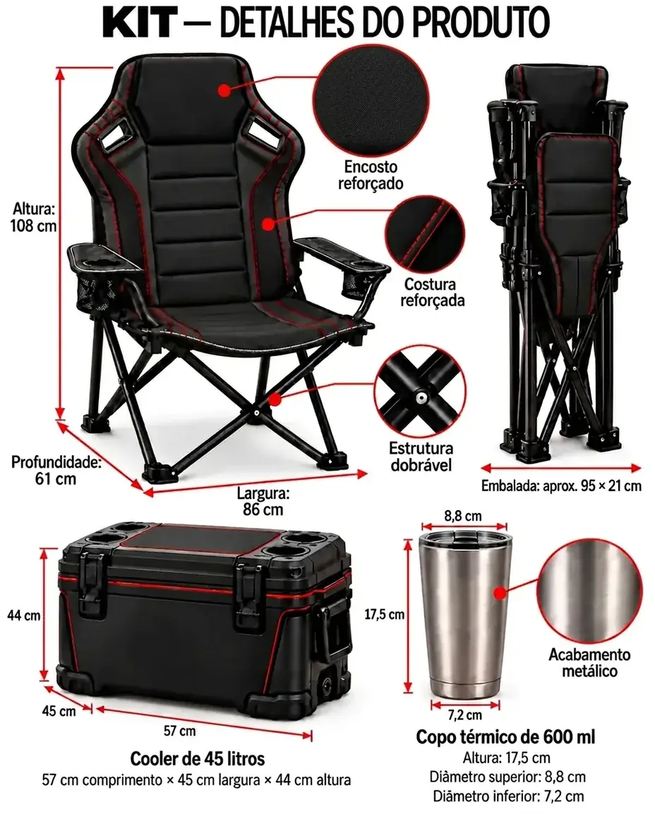Detalhes do Kit PitStop com as medidas da cadeira dobrável, do cooler de 45 litros e do copo térmico de 600 ml